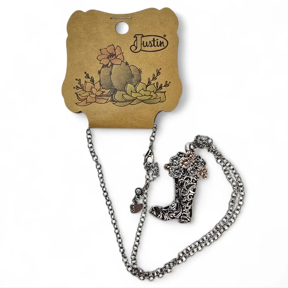 Justin Boots Silver And Rose Toned Cowgirl‎ Boot Pendant Necklace